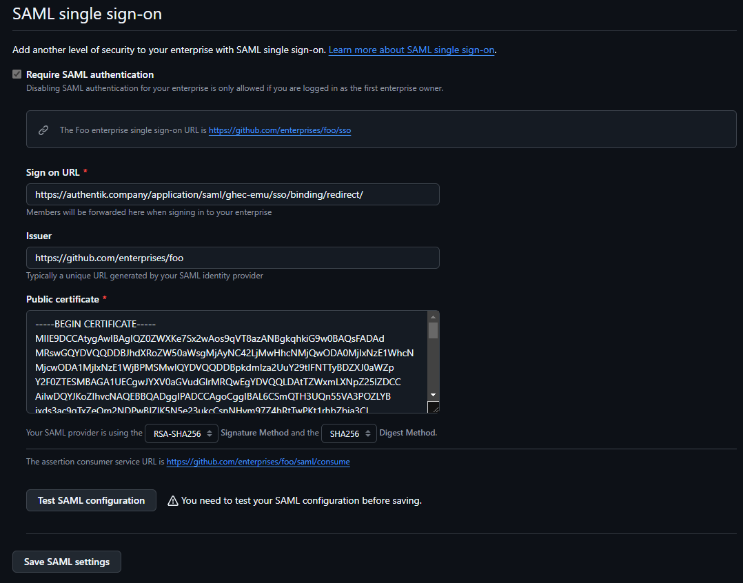 Screenshot showing populated GitHub enterprise SAML settings